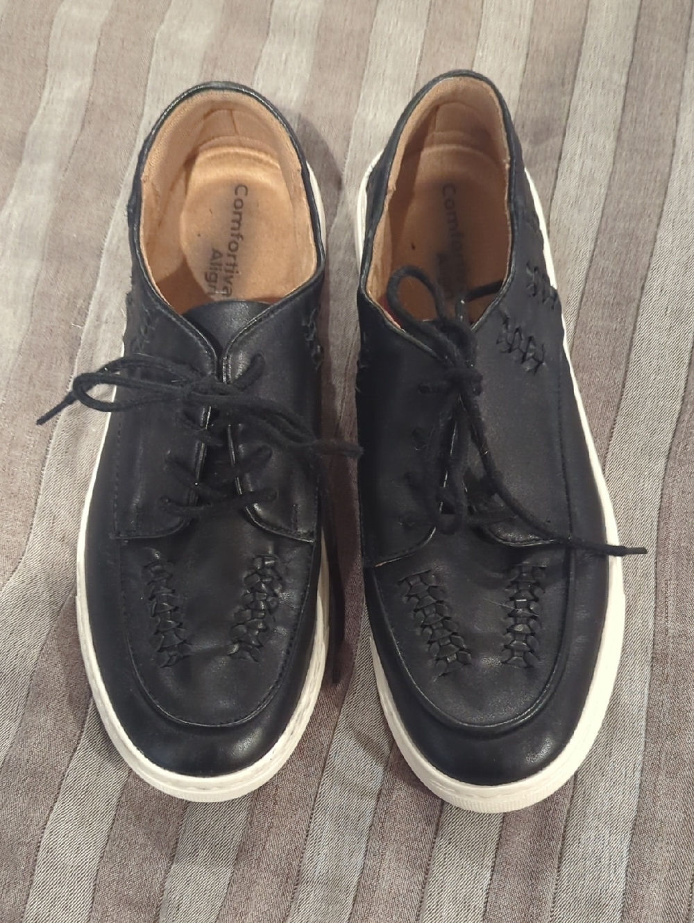 Comfortiva Black Leather Lace-Up Sneaker with White Sole